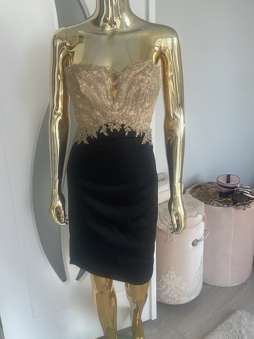Jovani Black and Gold Strapless Beaded Cocktail Dress